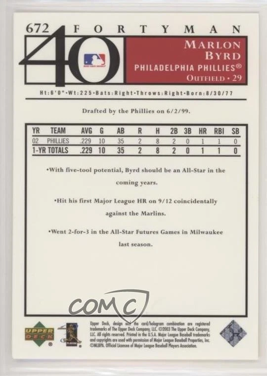 2003 Upper Deck 40 Man Marlon Byrd #672 - Image 2 of 2