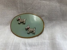 lovely unusual Vintage oval enamel green 2 tiny rhinestone SCOTTIES SCOTTY pin