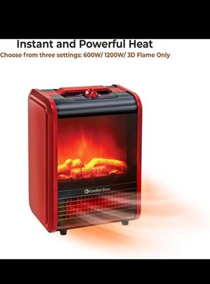 Comfort Zone Electric Portable Heater Red Black CZFP1 600W-1200W 3D Flame Rotary