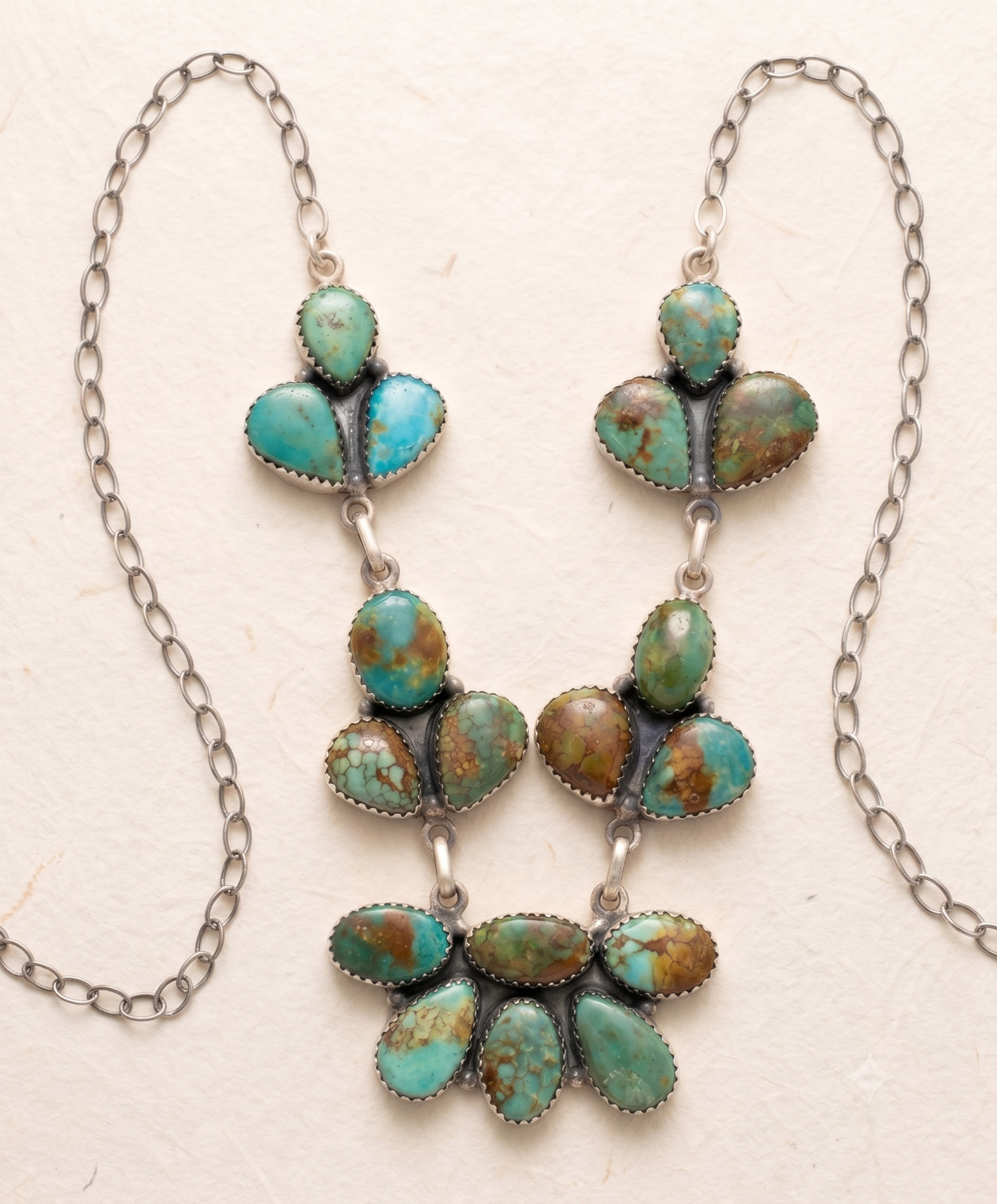 Vintage Southwestern Sterling Silver Turquoise Cluster Necklace Drop Statement