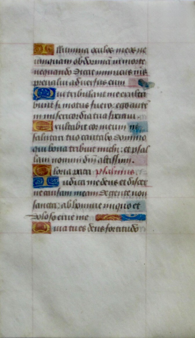 ca.1450 illuminated Book of Hours manuscript leaf,10 gold initials on color.