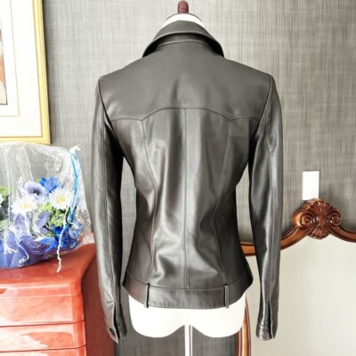 CHANEL Biker Jacket Dark Brown Rider Blouson Leather Size 36