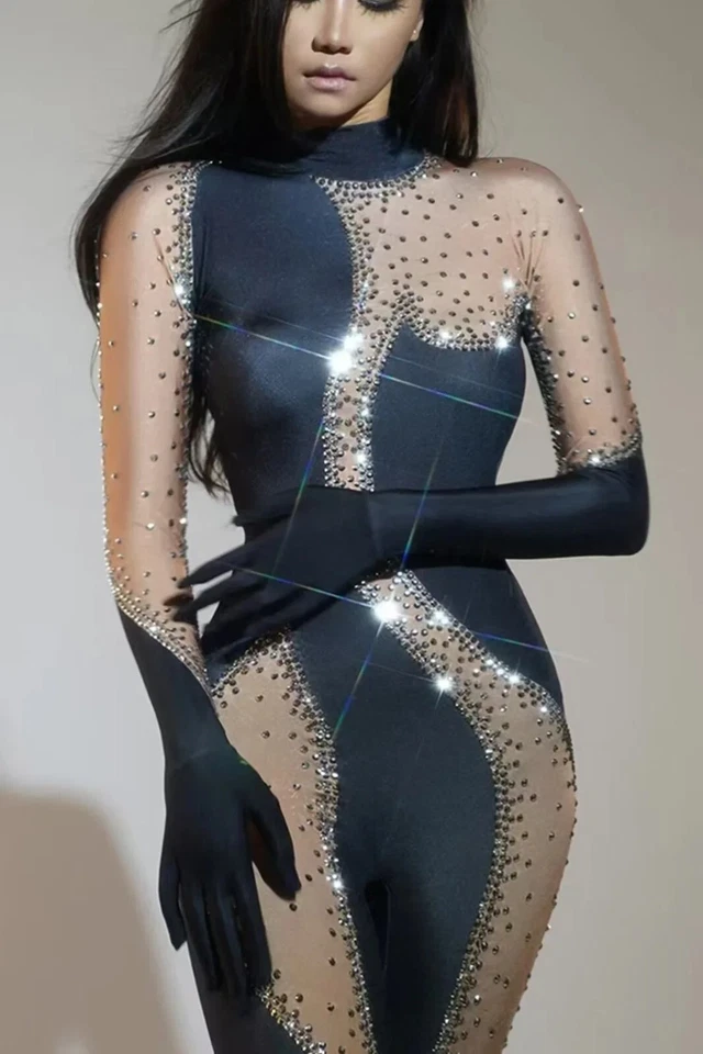 Nuevo Mujeres Lujo Diamante Estrás Body Cantante Bailarina Escenario Espectáculo Mono Foto 2 de 4