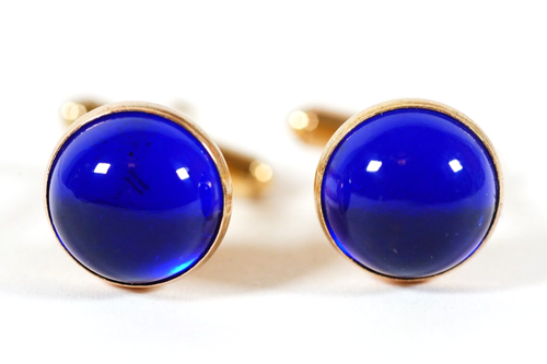 Cravatta e polsini pendenti Mid-Century, tono oro lucite blu trasparente - Foto 8 di 11