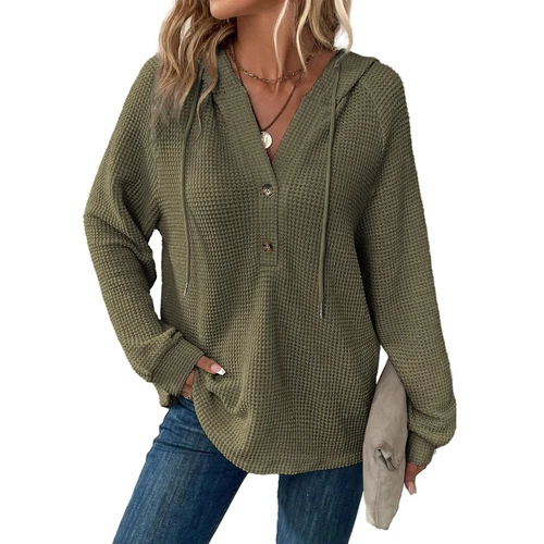 Women's hooded waffle knit button V-neck long sleeved sweater sweatshirt top- - Bild 10 von 43