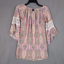 Win Win Womens Tunic Pullover Blouse Pinwheel Sleeve Paisley Multicolor Size S-M