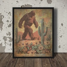 Vintage BIGFOOT Western Wall Art, Sasquatch Cactus Flower Poster, Cryptid Decor