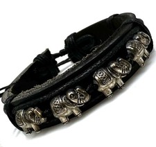 Handmade Black Leather Elephant Bracelet   Adjustable 6  9  Unisex Boho Jewelry