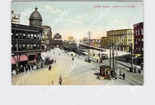 PPC Postcard MA Massachusetts Lynn Railroad Station Birds Eye View Business Stre