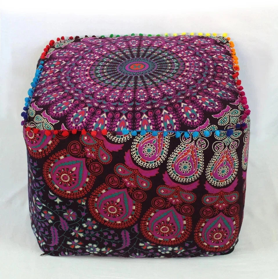 Indian Handmade Square Pink Peacock Style Ottoman Pouf Cover Footstool All Size - Image 4 of 4