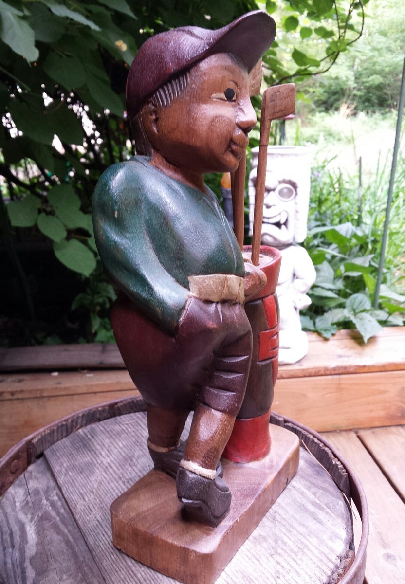 アンティーク 「ゴルファー立像」木彫り Vintage Wooden Golfer Hand Carved Stained Golfer Sculpted Golf