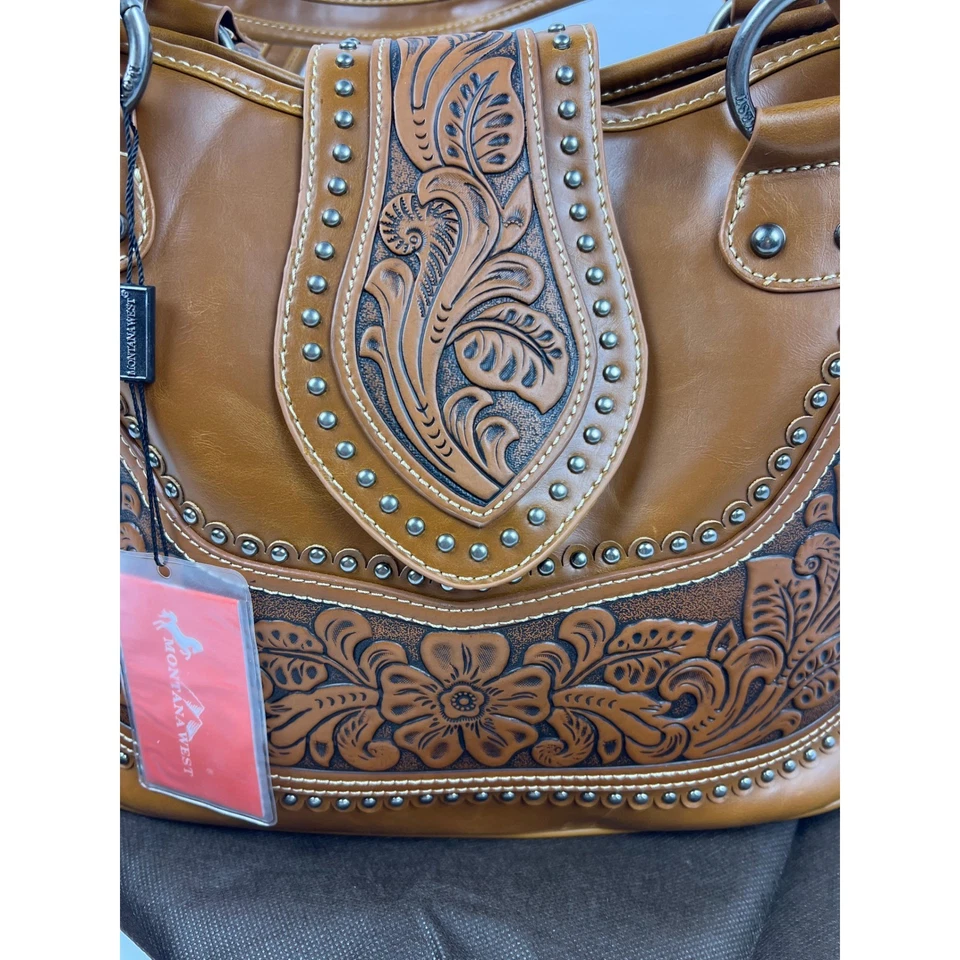 Montana West Studded Handbag Purse Brown Leather Concealed Carry w/Dust Bag NWT - Image 3 of 4