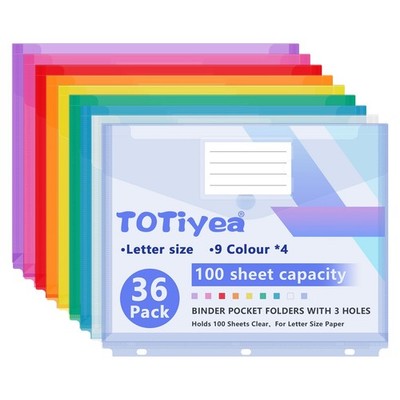 36 PCS 3 Holes Binder Pocket Folders Plastic High Capacity Letter Assorted