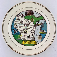 Wonderful Wisconsin Travel Souvenir Plate 9" Gold Detail 1930s Taylor Smith 7524