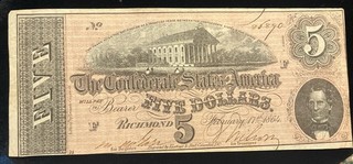 1864 $5 FIVE Dollar Note The Confederate States of America Richmond