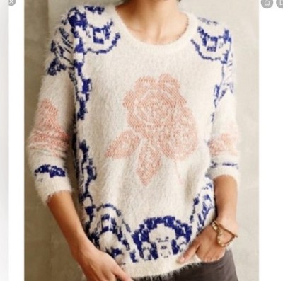 Anthropologie La Fee Verte Ivory Soft Fuzzy Knit Pullover Sweater Size Medium