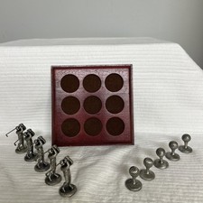 VINTAGE MINIATURE 11 PIECE TIC TAC TOE PEWTER SET GOLFERS, BALLS WOODEN BASE