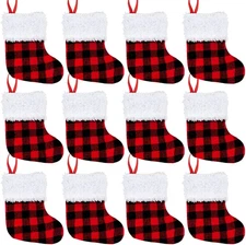 12 Pack 5” Mini Christmas Stocking,Red Black Plaid Xmas Stockings for Christmas 