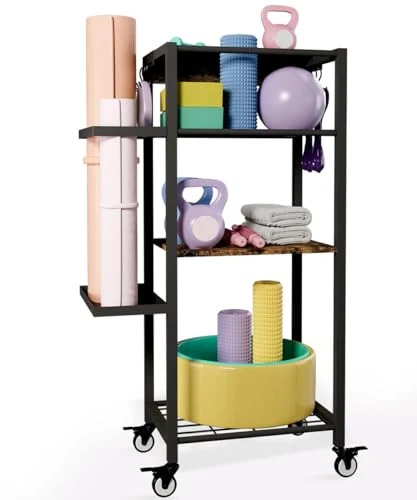 Yoga Mat Storage Rack with Wheels, 3 Tier Home Gym Workout Equipment Organizer Yoga Mat Storage Rack with Wheels, 3 Tier Home Gym Workout Equipment Organizer