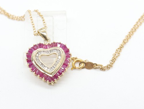 14K Yellow Gold Ruby & Diamond Heart Pendant Necklace - Picture 6 of 9