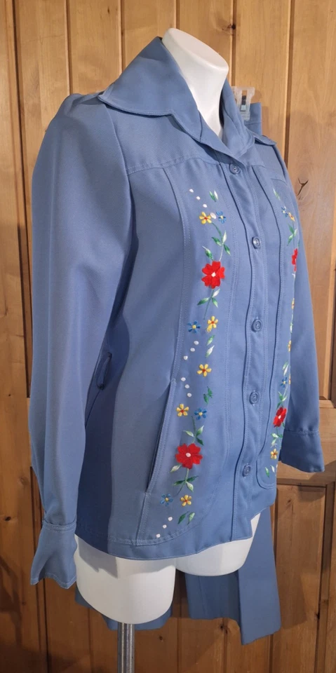 Traje Chaqueta Pantalones Rockabilly Western Años 70 Azul Floral Bordado Foto 3 de 4