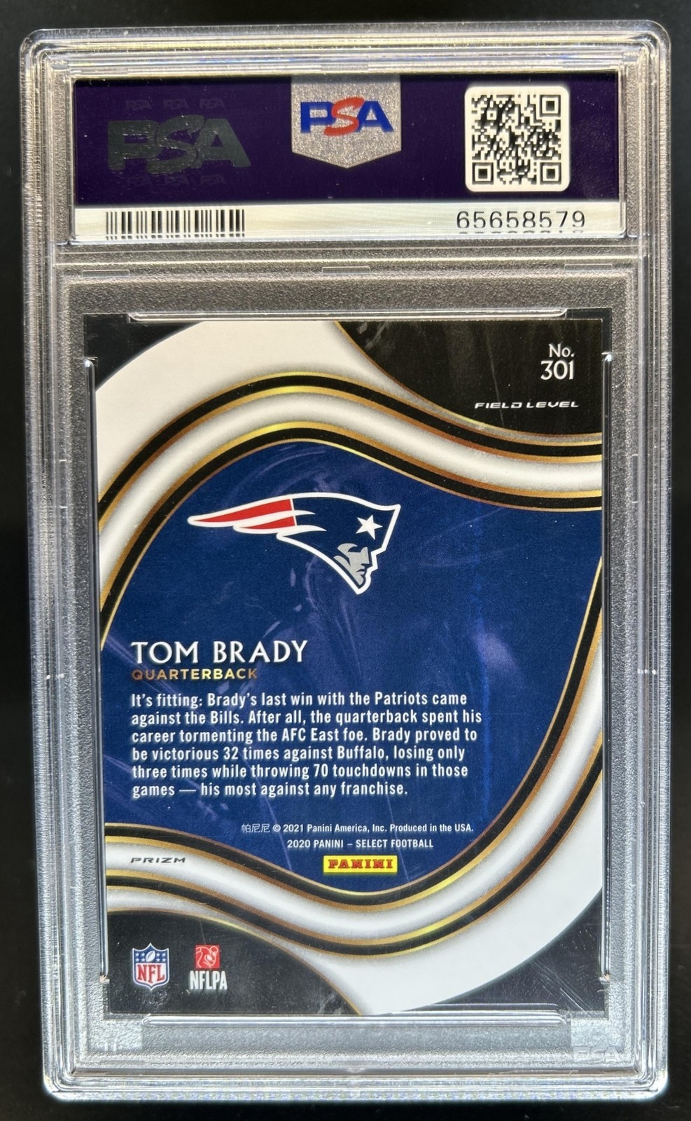 2020 Panini Select Tom Brady Zebra Prizm Die Cut Field Level #301 Patriots PSA 9 view 2