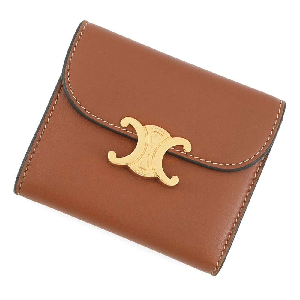 Celine — CELINE Triomphe Tri-fold Compact Wallet Leather Brown 10D783