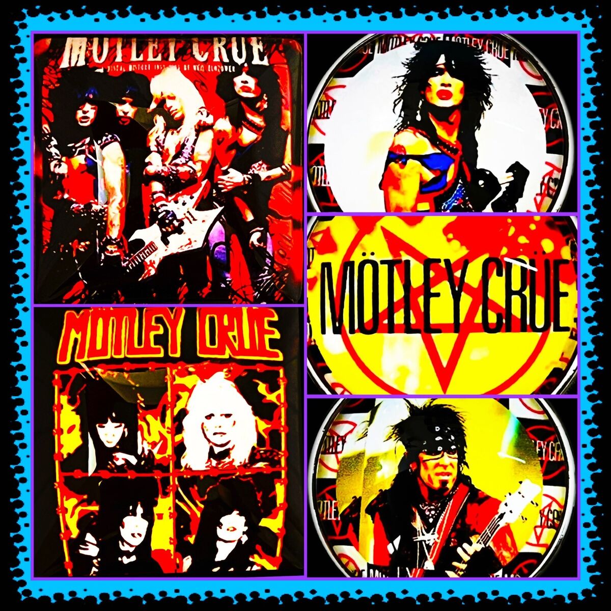 MOTLEY CRUE LIVE WIRE SET🎸2 SQUARE+3 ROUND KEYCHAINS LOT OF FIVE