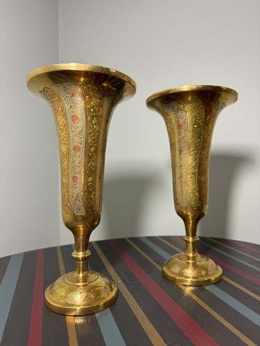 Vintage Set of 2 Brass Etched Carved Vases Candle Holders 10.5” - Picture 5 of 24