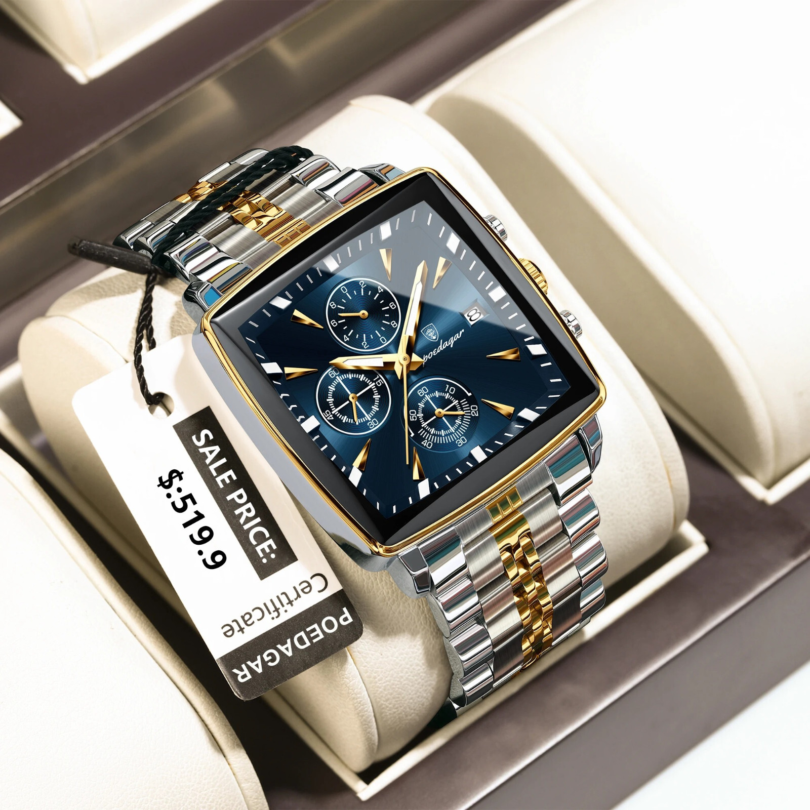Montre de luxe carrée en acier inoxydable avec chronographe masculin
