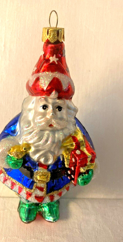 Santa with presents in red hat with white stars Brass Key Glass Ornament 51/2 in