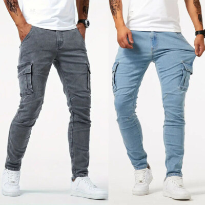 New Men Jeans Cargo Pants Stretch Slim Fit Pants Skinny Jeans Blue Black  Grey