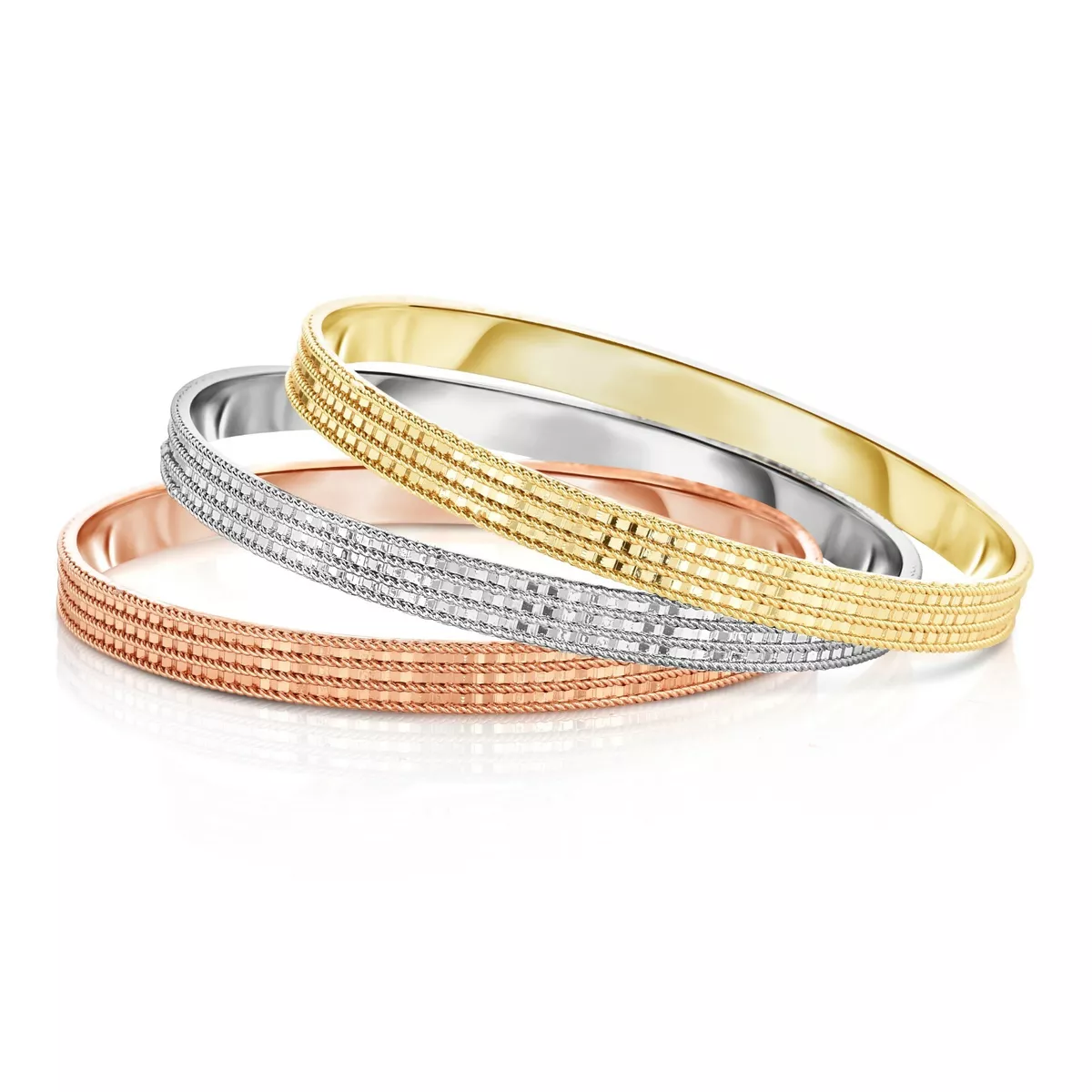 Women s 18K Gold Plated 3 Color Diamond Cut Bangle Bracelet set