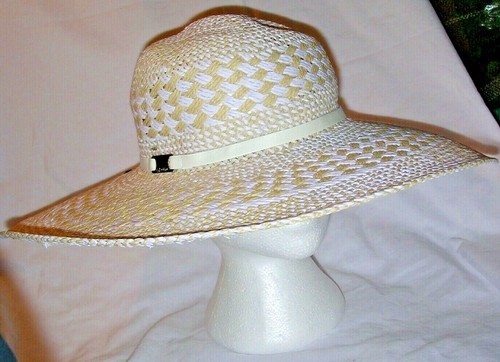 Wide Brim Hat Tan Beige Straw Sun Ribbon Calvin Klein NEW Women's Summer White