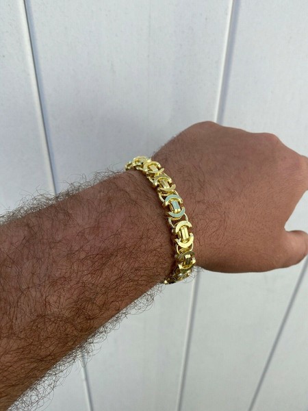 Alternate view of Mens 14k Gold Plated Real Solid 925 Sterling Silver Byzantine Tiger Eye Bracelet