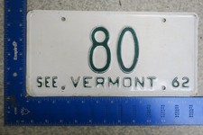 Vermont License Plate 1962 Tag #80 Vermont Official Two Digit - Rare Rare