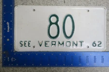 Vermont License Plate 1962 Tag #80 Vermont Official Two Digit - Rare Rare