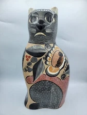 Vintage LARGE 16" Tonala Mexico Pottery Cat Hand-Painted Folk Art Sculpture 