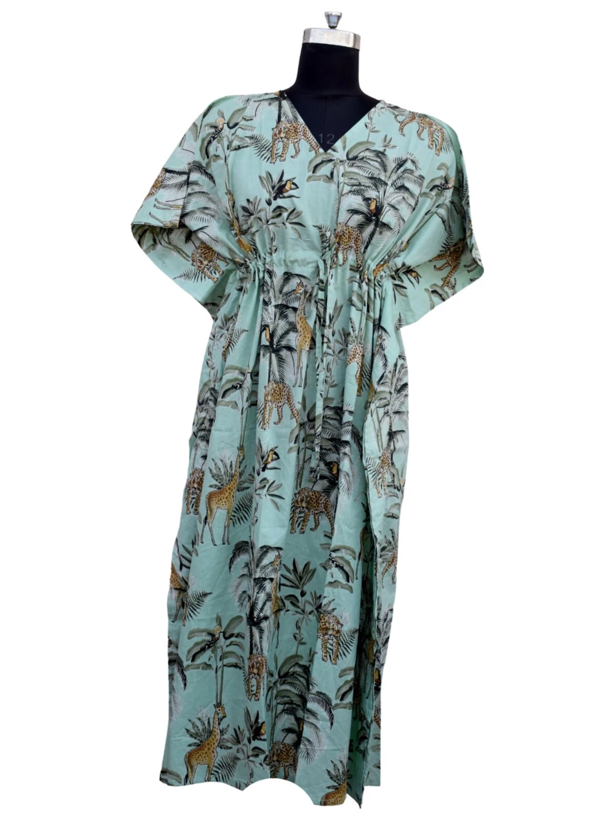 Indian Cotton Green Tiger Printed Kaftan Dress Women's Clothing Kaftan Dress US