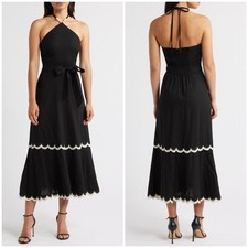 Eliza J Halter Bead Strap Midi Dress Black Natura Linen Blend Sz 4