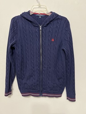 Brooks Brothers Fleece Girl's Cardigan Navy Hoodie Cable Knit Zip Up Sweater L