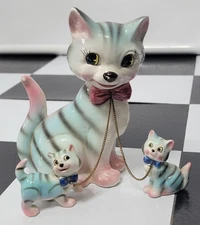 Vintage 50s 60s Lipper and Mann Porcelain Mama Cat on Leash With 2 Kittens Japan