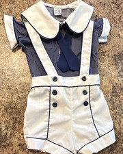 Vintage Toddler Tykes Boys 2pc Sailor Suit Collared Tie Button 18M Blue/White