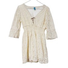 Crochet Babydoll Floral Mini Dress Sz M Lace Up Coquette Fairy Ruche Urban Mango