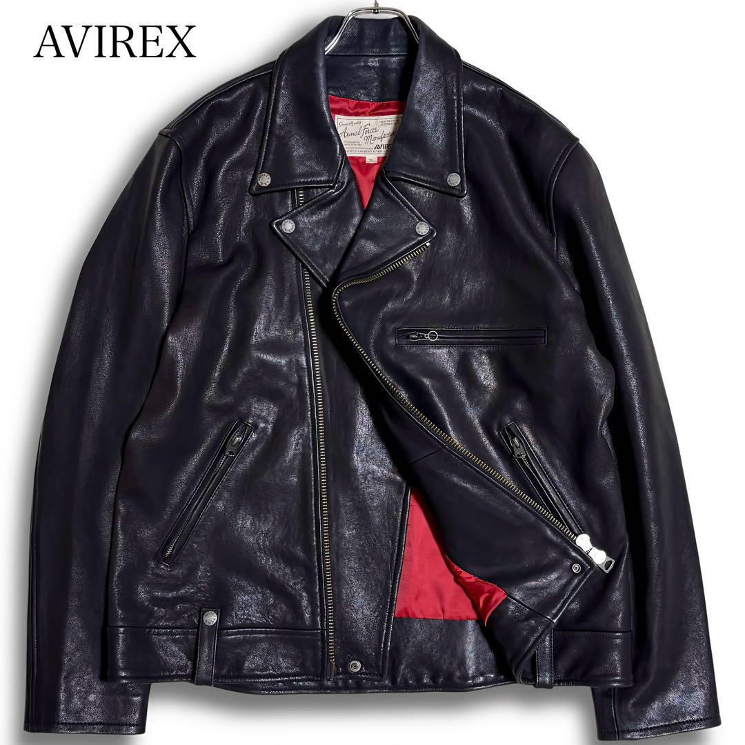 AVIREX Leather Double Riders Jacket Black Size 2XL Men Biker
