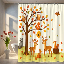 Cute Forest Animals Shower Curtain with Tree and Fall Leaves