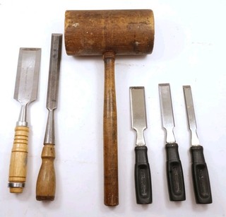 Vintage Woodworking Chisel & Wood Mallet Lot Antique TOOLS STANLEY WEDGEWAY