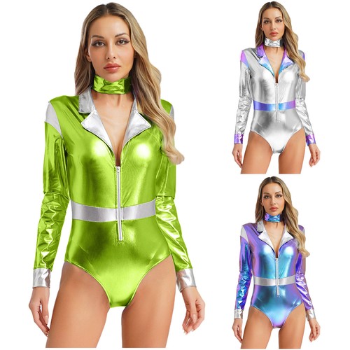 Women Jumpsuit Shiny Activewear Adult Bodysuit Halloween Outfits Long Sleeve - Picture 4 of 48