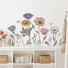 Boho Flower Wall Decal Floral Plant Grass Wall Sticker Colorful Wildflower Wa...
