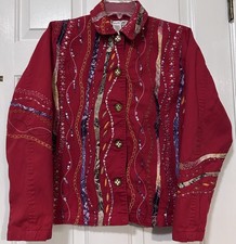 Coldwater Creek Small Red Art To Wear Textured Embellished Button Front Jacket